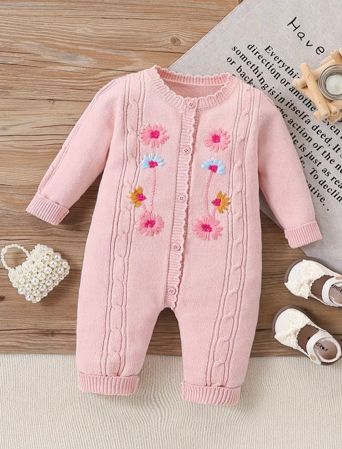 Baby Girl Knit Romper – Pink Embroidered Flowers (0–3M)