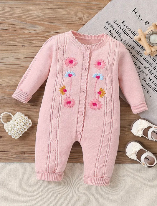 Baby Girl Knit Romper – Pink Embroidered Flowers (0–3M)