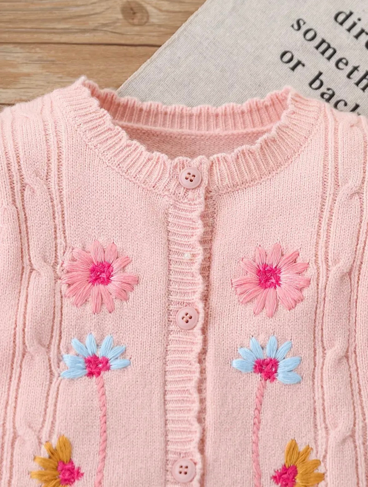 Baby Girl Knit Romper – Pink Embroidered Flowers (0–3M)