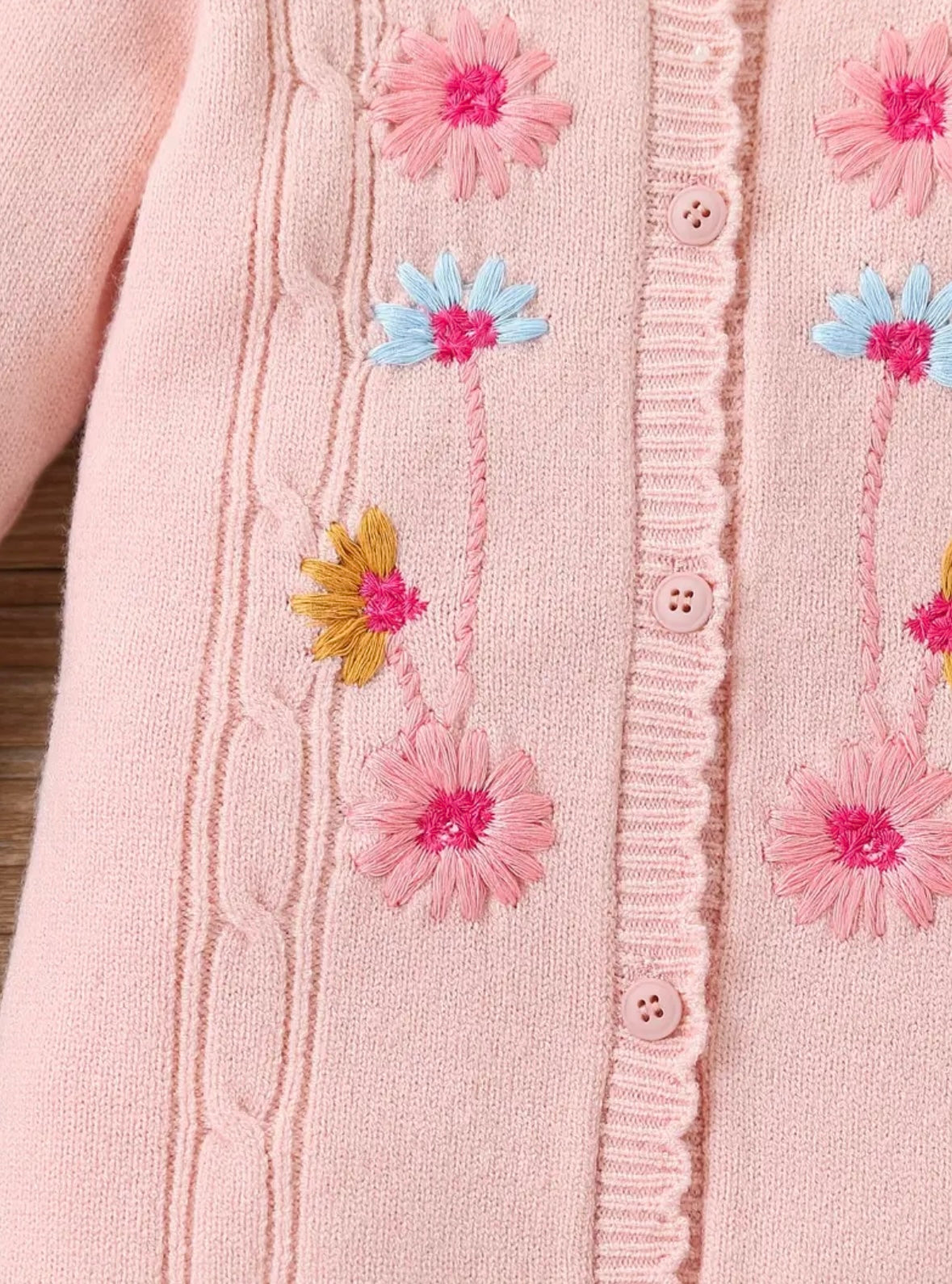 Baby Girl Knit Romper – Pink Embroidered Flowers (0–3M)