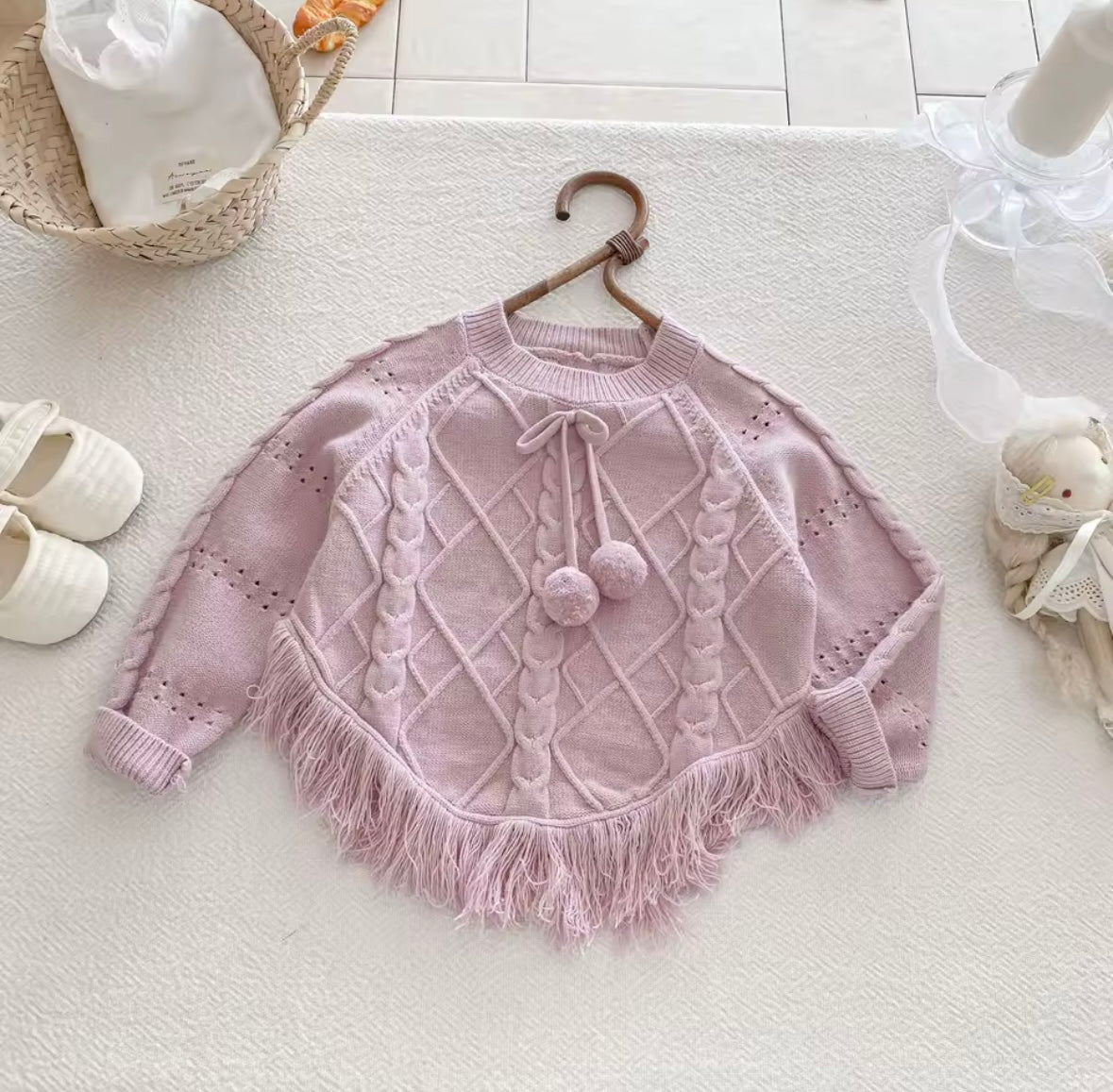Toddler Girls’ Knit Poncho Sweater – Soft Pink Fringe with Pom-Poms (3T)