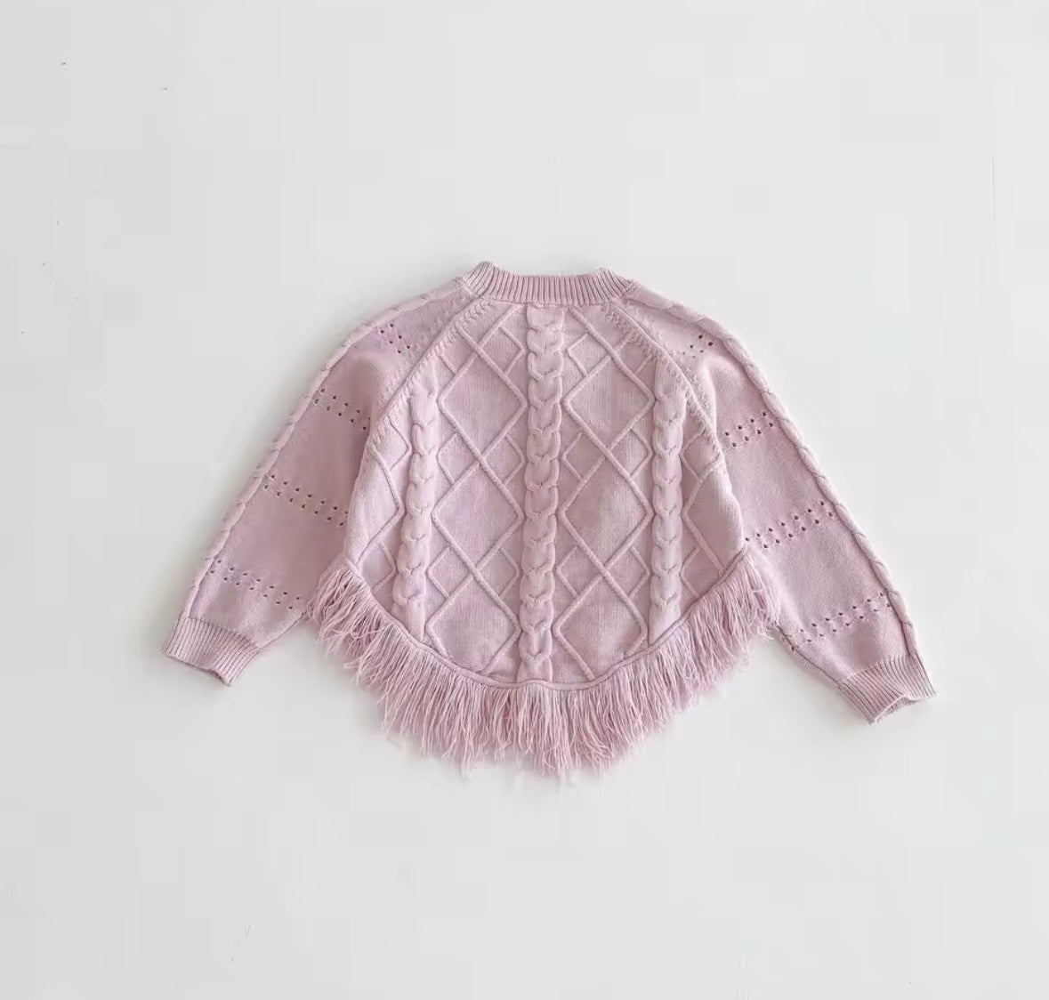 Toddler Girls’ Knit Poncho Sweater – Soft Pink Fringe with Pom-Poms (3T)