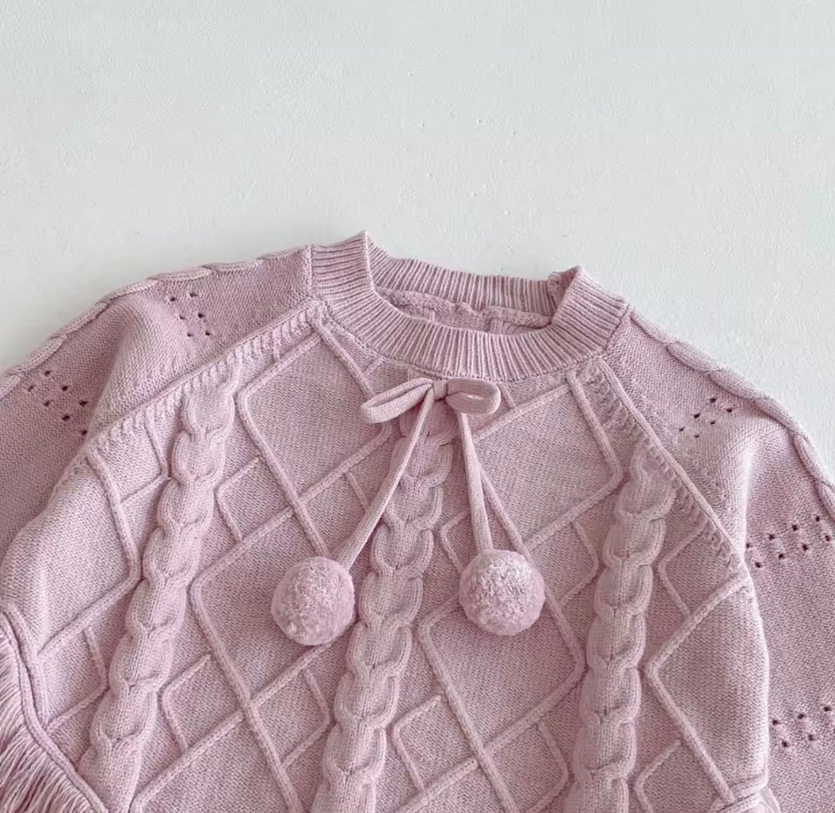 Toddler Girls’ Knit Poncho Sweater – Soft Pink Fringe with Pom-Poms (3T)