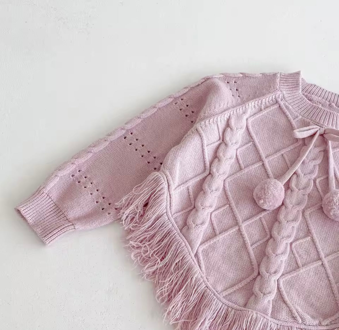 Toddler Girls’ Knit Poncho Sweater – Soft Pink Fringe with Pom-Poms (3T)