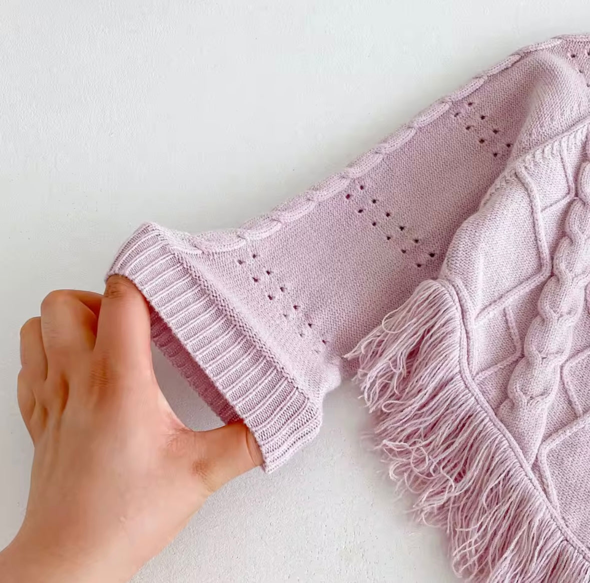 Toddler Girls’ Knit Poncho Sweater – Soft Pink Fringe with Pom-Poms (3T)