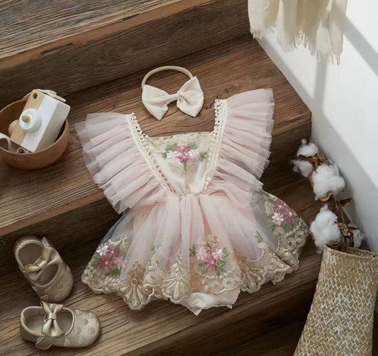 Baby Girl Tulle Romper Dress with Embroidered Flowers + Matching Bow Headband (3–6M)