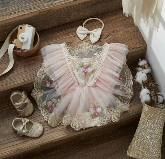 Baby Girl Tulle Romper Dress with Embroidered Flowers + Matching Bow Headband (3–6M)