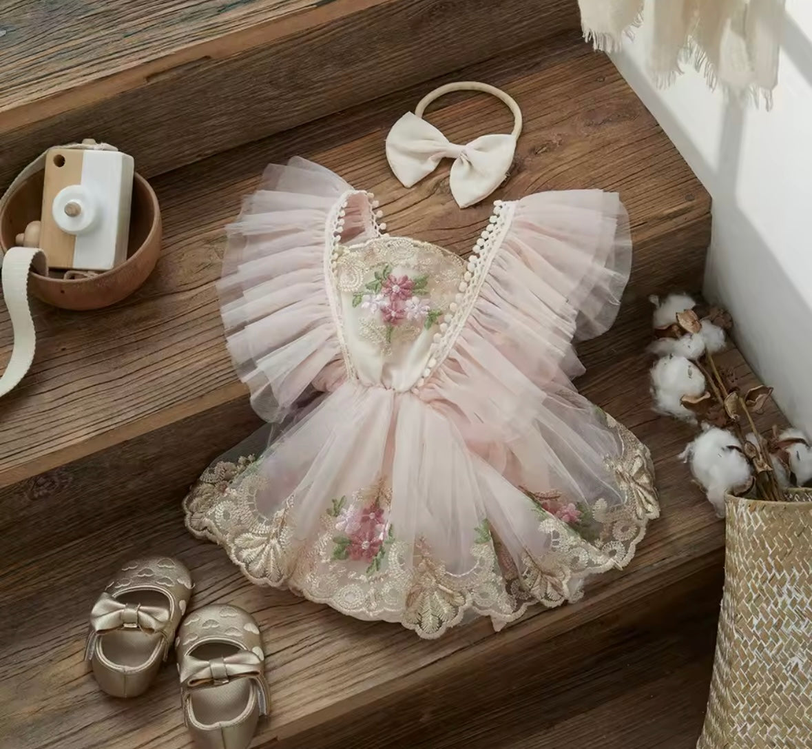 Baby Girl Tulle Romper Dress with Embroidered Flowers + Matching Bow Headband (3–6M)