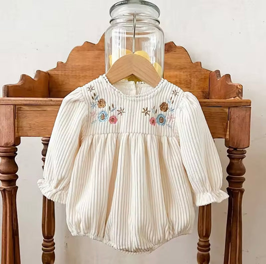 Premium Soft Corduroy Baby Romper – Embroidered Floral Detail – Long Sleeve – Size 3-6M