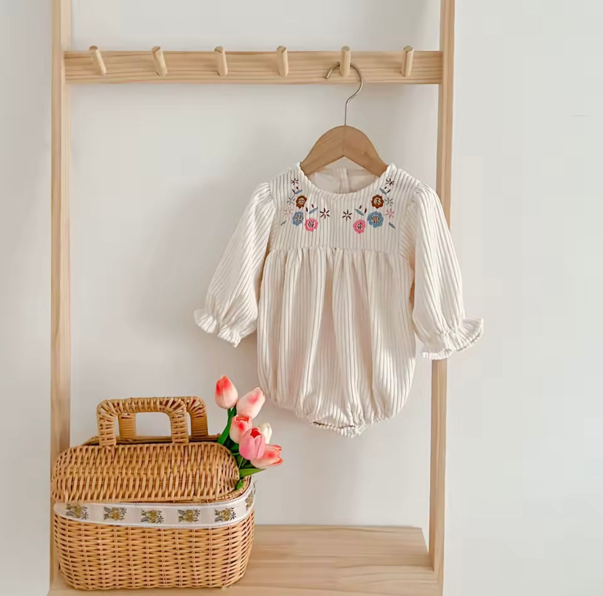 Premium Soft Corduroy Baby Romper – Embroidered Floral Detail – Long Sleeve – Size 3-6M
