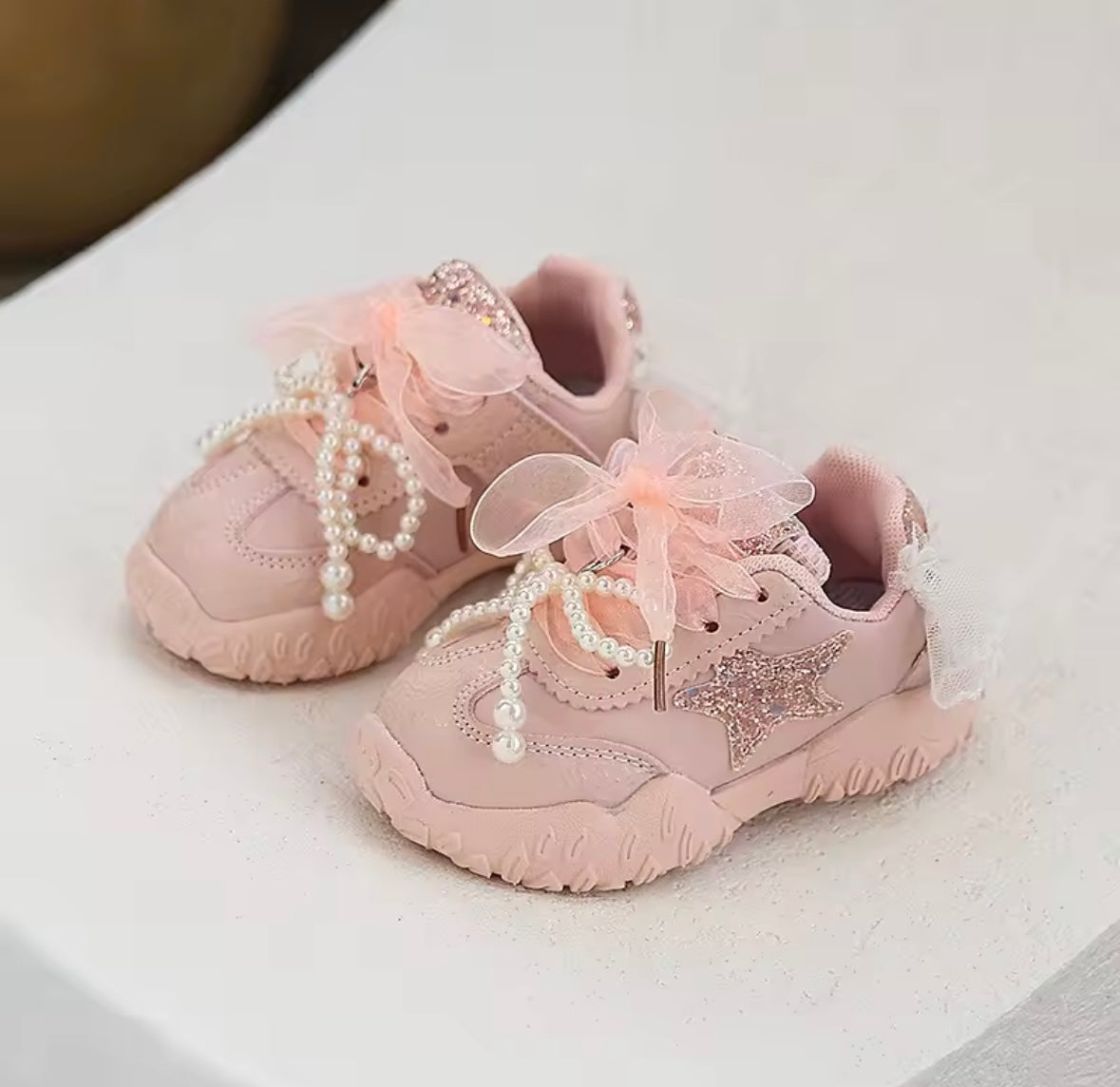 ✨ Pink Glitter Star Sneakers with Pearls & Bows – Toddler Girls Shoes (EU 23 / US 7)