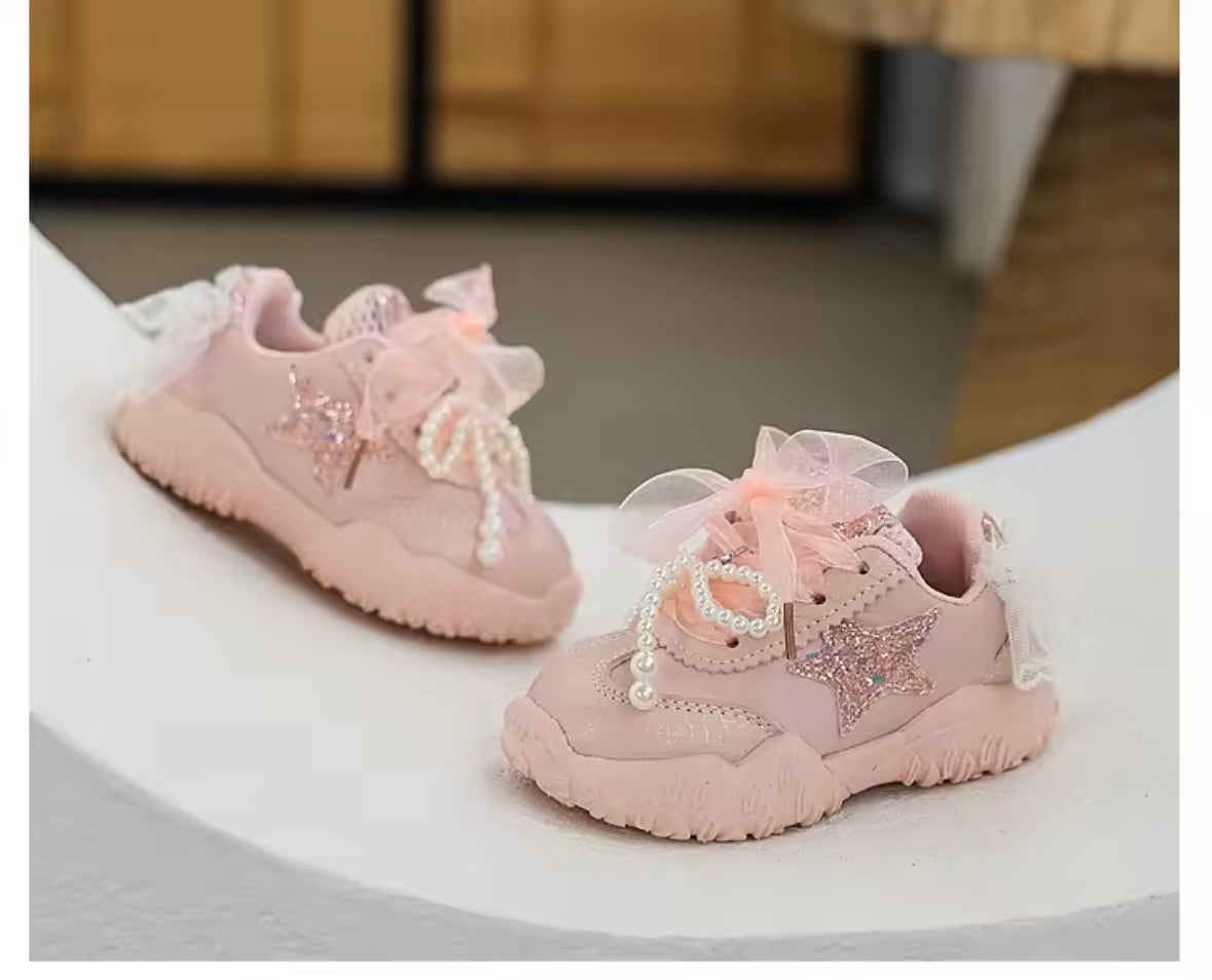 ✨ Pink Glitter Star Sneakers with Pearls & Bows – Toddler Girls Shoes (EU 23 / US 7)