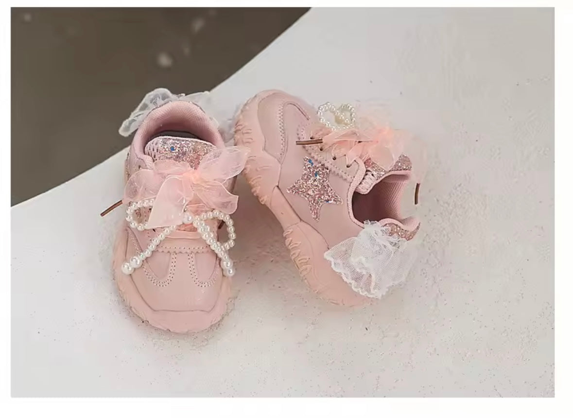 ✨ Pink Glitter Star Sneakers with Pearls & Bows – Toddler Girls Shoes (EU 23 / US 7)