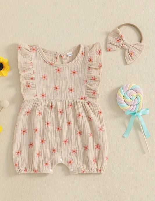 Baby Girl Ruffle Romper with Matching Bow – Size 0–3 Months