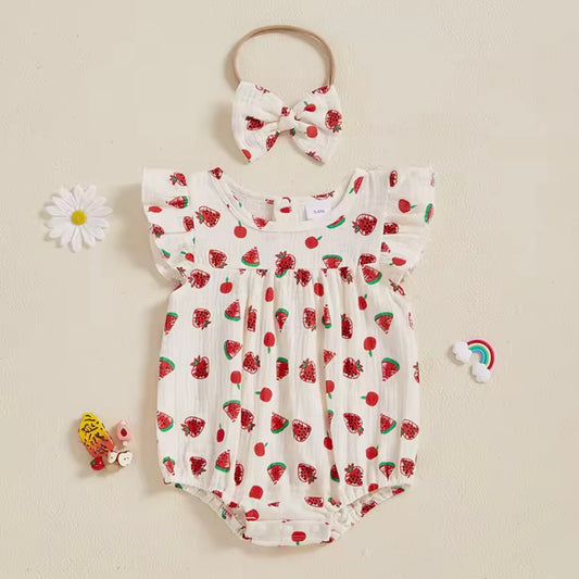 Strawberry Print Baby Girl Romper with Matching Bow – Size 0–3 Months