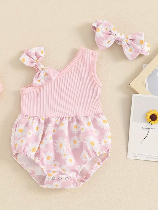 🌸 Baby Girl Pink Daisy One-Shoulder Romper with Matching Headband | Size 9-12M