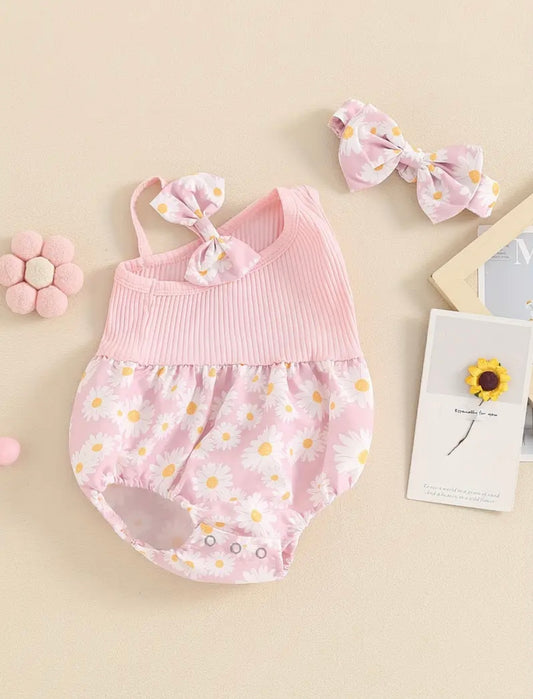 🌸 Baby Girl Pink Daisy One-Shoulder Romper with Matching Headband | Size 9-12M