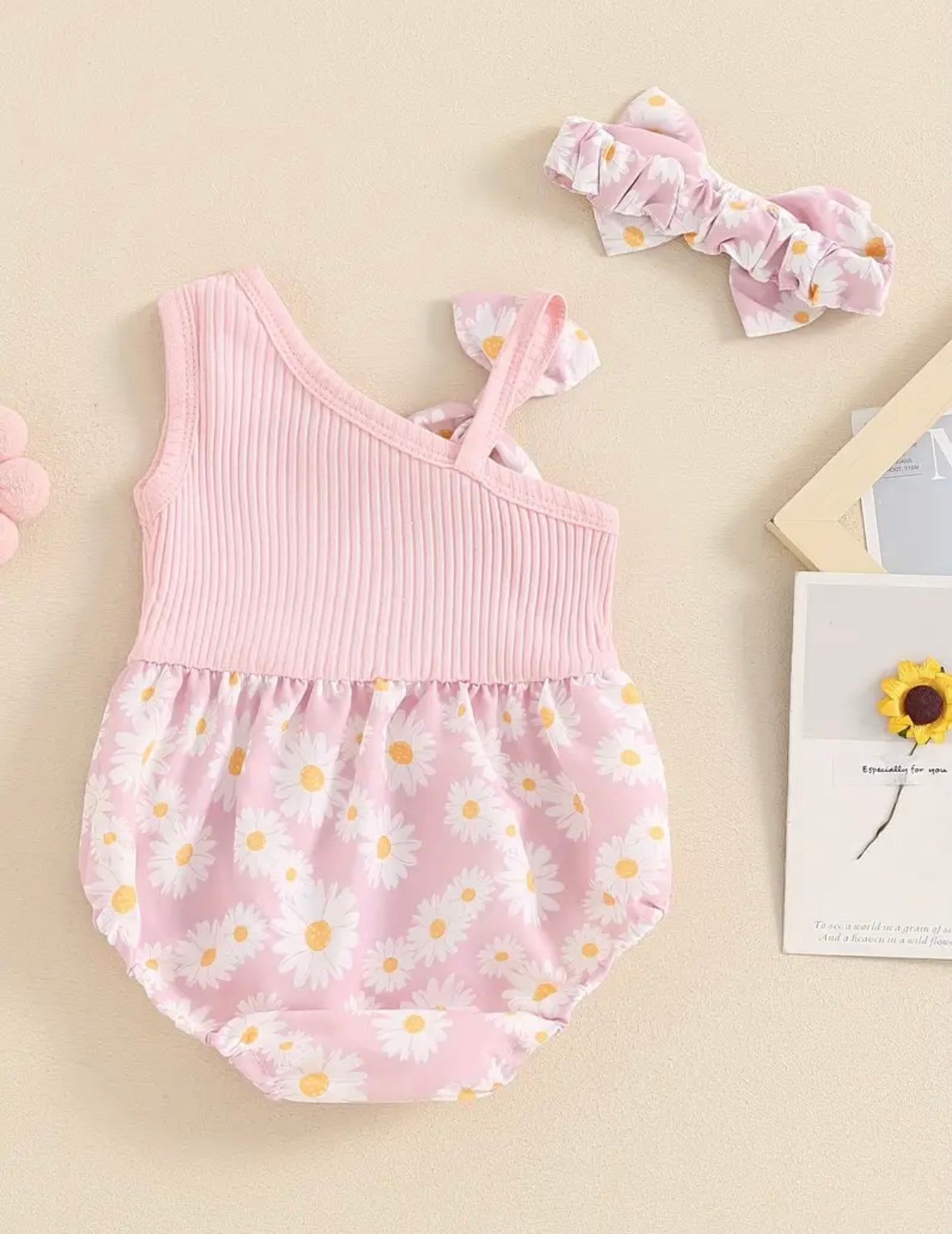 🌸 Baby Girl Pink Daisy One-Shoulder Romper with Matching Headband | Size 9-12M