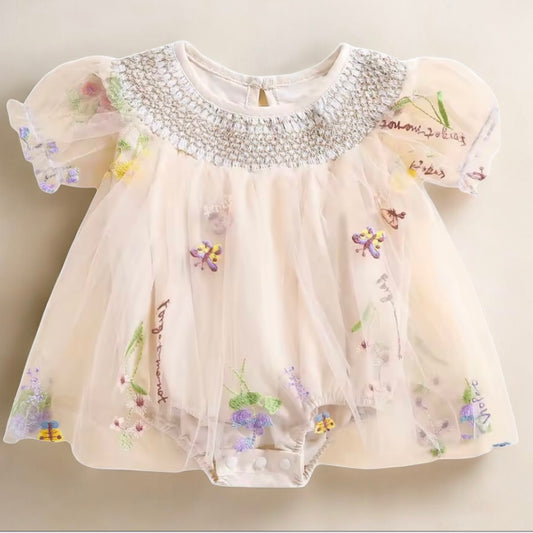 ✨ Baby Girl Embroidered Tulle Romper Dress | Size 3-6M | Luxury Butterfly & Floral Design