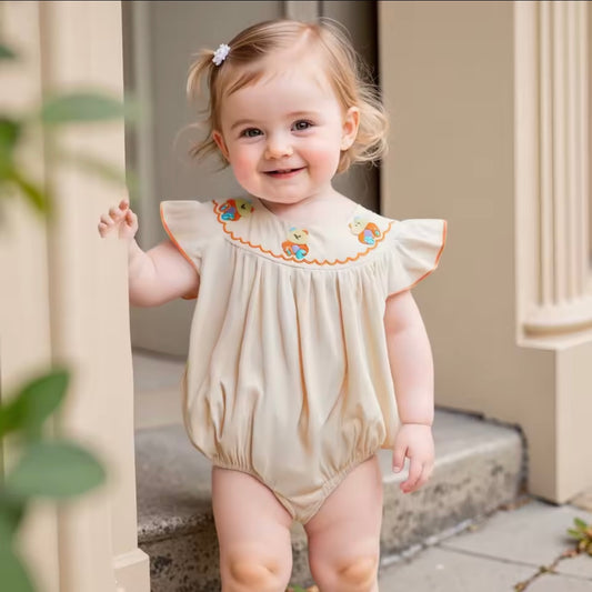 Premium Baby Girl Beige Romper with Teddy Bear Embroidery – Size 3–6M