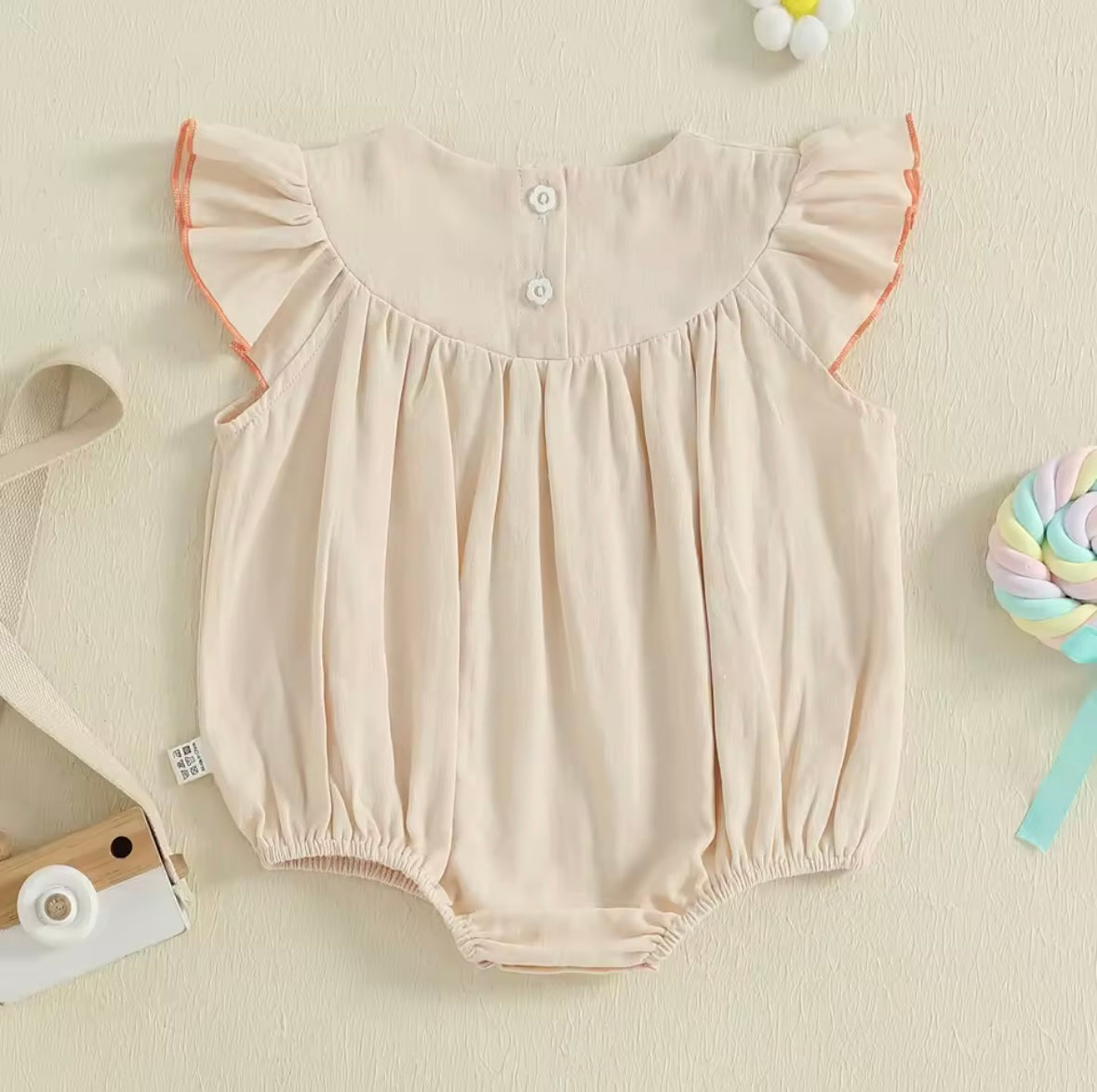 Premium Baby Girl Beige Romper with Teddy Bear Embroidery – Size 3–6M