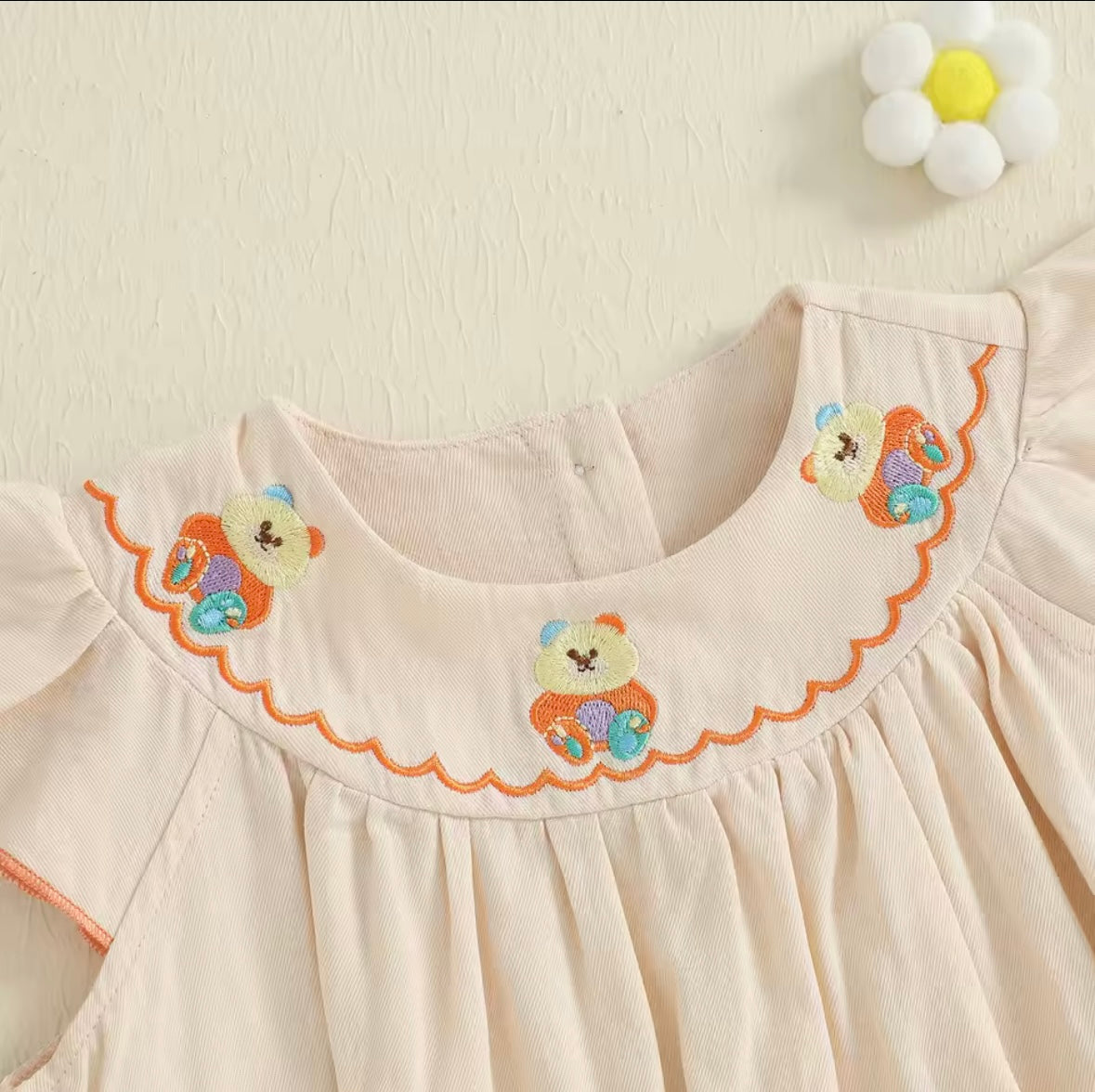 Premium Baby Girl Beige Romper with Teddy Bear Embroidery – Size 3–6M