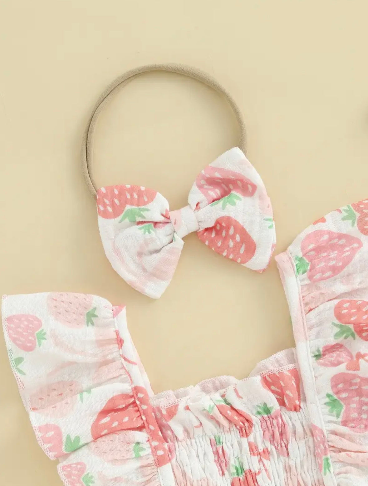 🍓 Baby Girl Strawberry Ruffle Romper with Matching Bow Headband – Size 0–3M