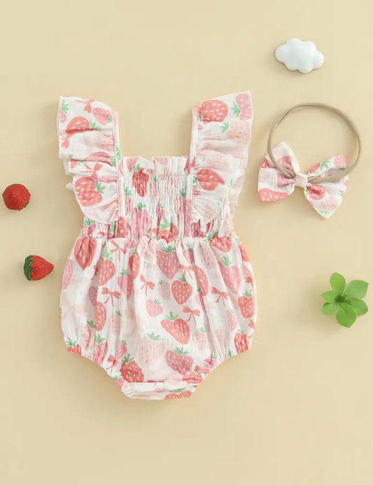 🍓 Baby Girl Strawberry Ruffle Romper with Matching Bow Headband – Size 0–3M