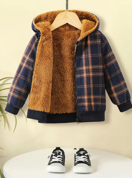 🧸 Toddler Boys’ Plaid Fleece-Lined Hooded Jacket – Size 3–4 Years