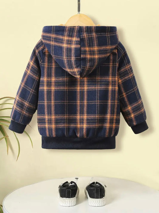 🧸 Toddler Boys’ Plaid Fleece-Lined Hooded Jacket – Size 3–4 Years