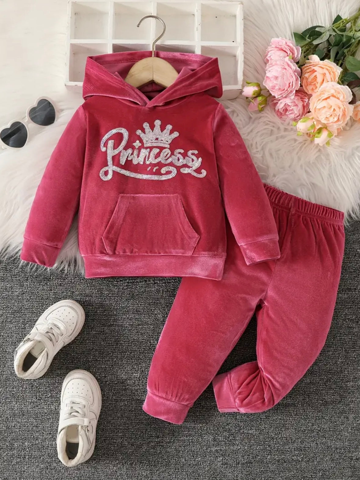 👑 Baby Girl “Princess” Velour Hoodie & Pants Set – Sizes 9–12M & 12–18M