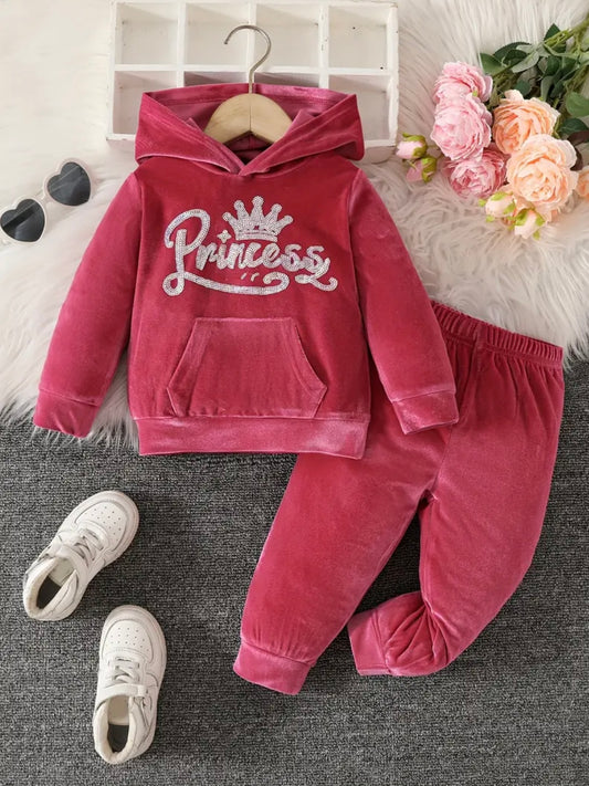 👑 Baby Girl “Princess” Velour Hoodie & Pants Set – Sizes 9–12M & 12–18M