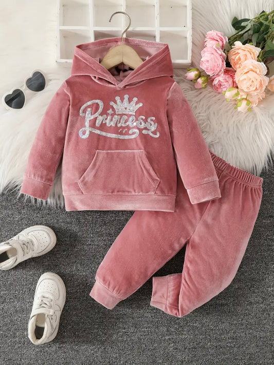 👑 Baby Girl “Princess” Velour Hoodie & Pants Set – Size : 12–18M