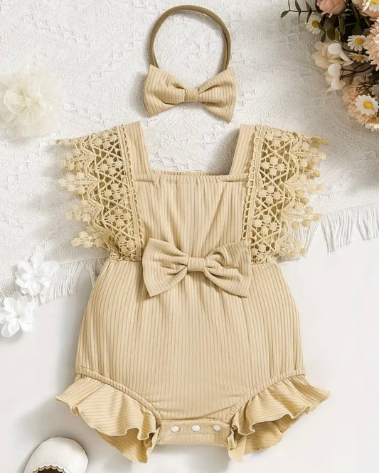 🤎 Baby Girl Lace Ruffle Romper with Bow Headband – Size 3–6M