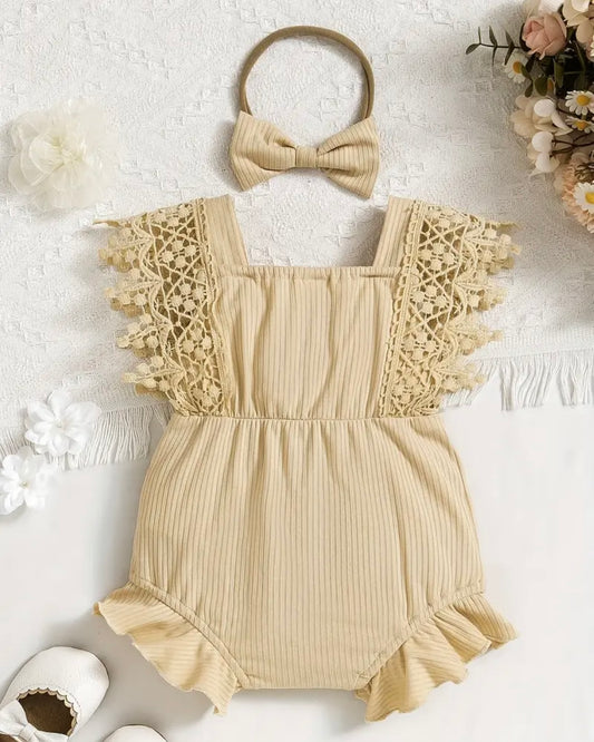 🤎 Baby Girl Lace Ruffle Romper with Bow Headband – Size 3–6M