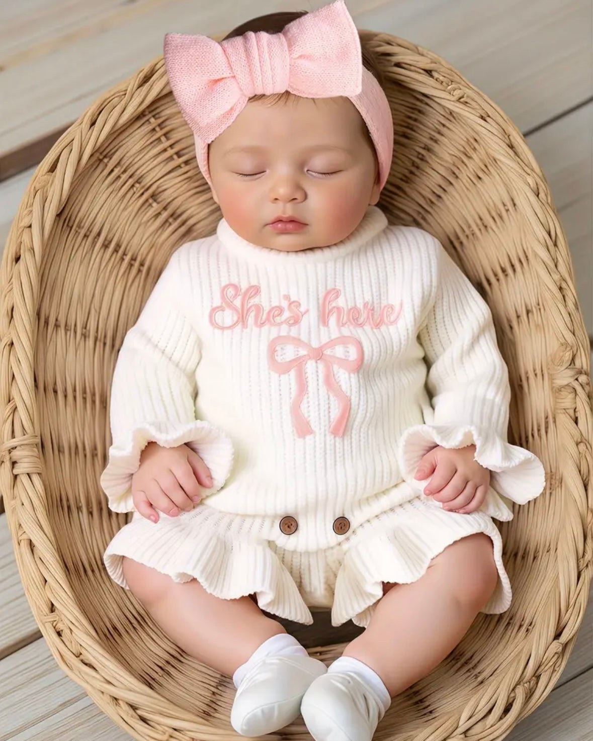 🤍 Newborn “She’s Here” Knit Romper with Bow Headband – Size Newborn