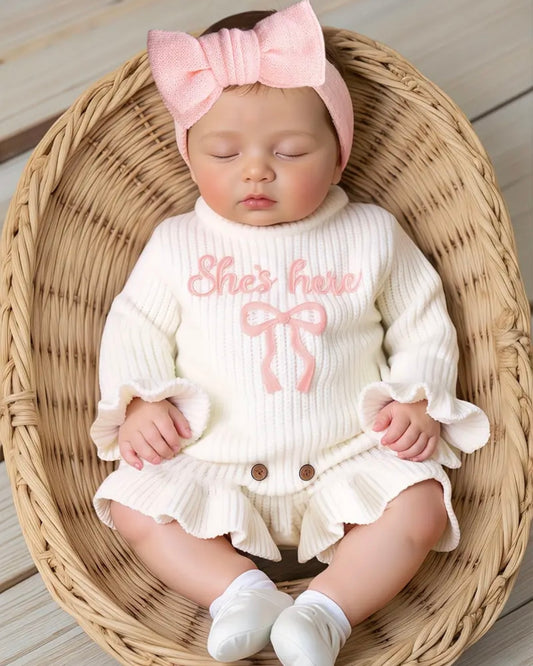🤍 Newborn “She’s Here” Knit Romper with Bow Headband – Size Newborn