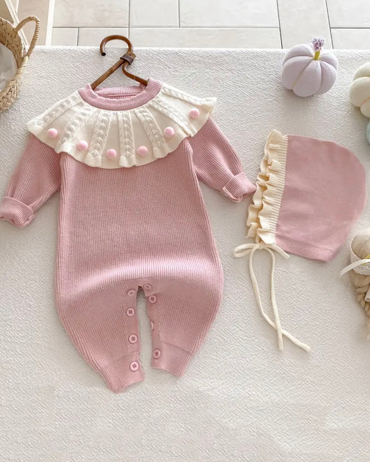 🌸 Baby Girl Knit Romper with Ruffle Collar & Bonnet – Size 3–6M
