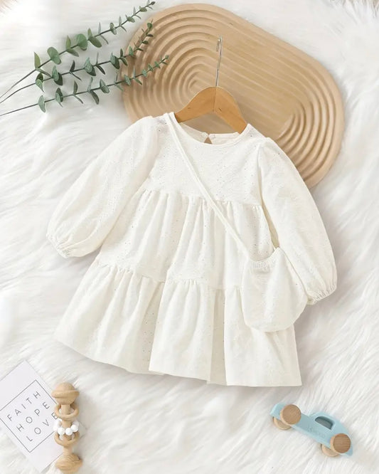 White Long Sleeve Baby Dress – Soft Cotton Eyelet Outfit, Size 6–9 Months