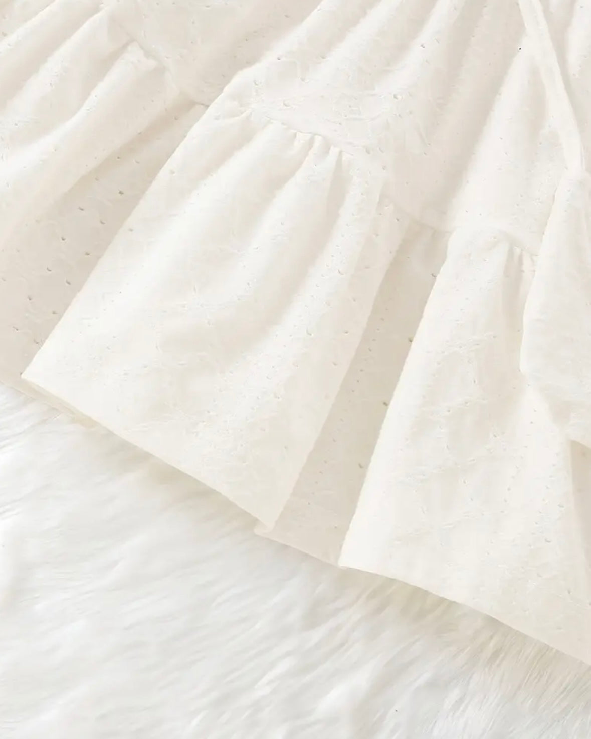 White Long Sleeve Baby Dress – Soft Cotton Eyelet Outfit, Size 6–9 Months