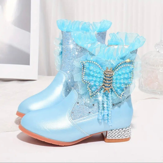 Girls’ Sparkly Blue Butterfly Boots – Princess Dress-Up Shoes with Rhinestone Heel (US Size 10.5 Little Kid)