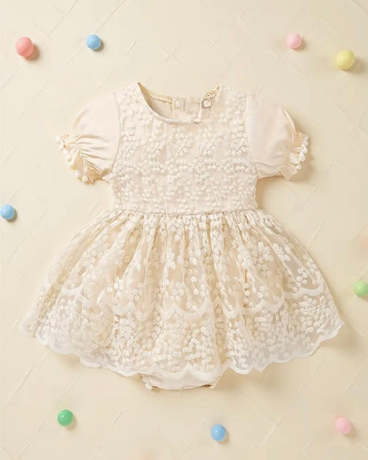 Ivory Lace Baby Dress – Puff Sleeve Romper Dress, Size 3–6 Months