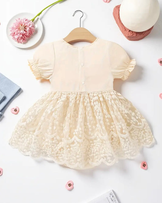 Ivory Lace Baby Dress – Puff Sleeve Romper Dress, Size 3–6 Months