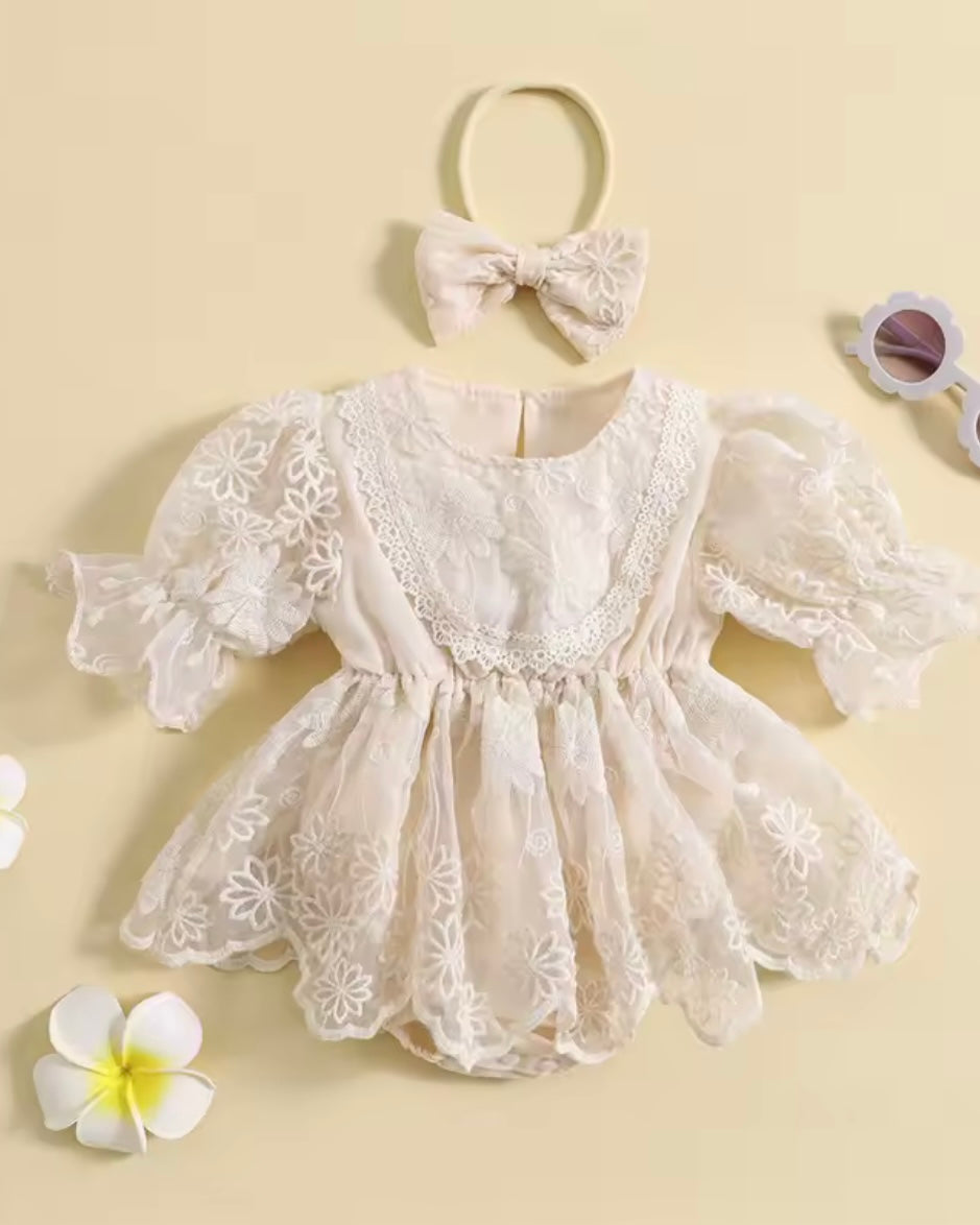 Ivory Puff Sleeve Lace Baby Romper Dress with Headband – Size 6–9 Months