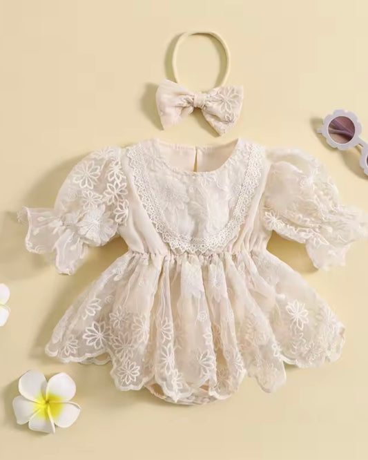 Ivory Puff Sleeve Lace Baby Romper Dress with Headband – Size 6–9 Months