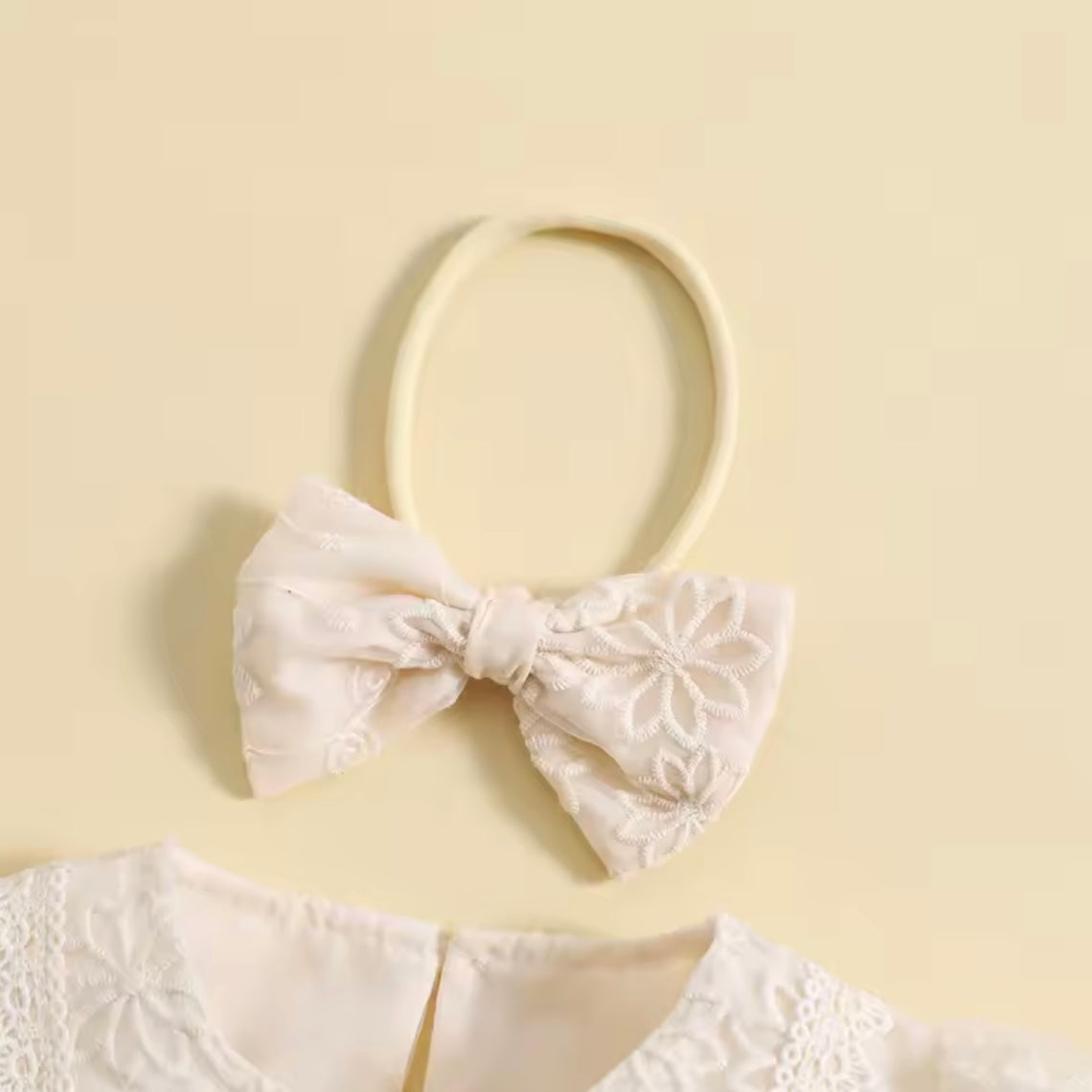 Ivory Puff Sleeve Lace Baby Romper Dress with Headband – Size 6–9 Months