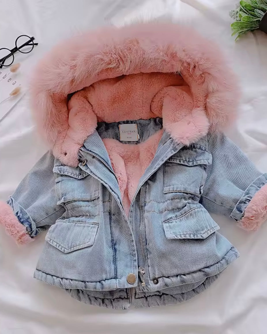 Girls Denim Winter Jacket – Faux Fur Lined Jean Coat with Pink Hood (Size 3T)