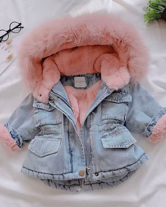 Girls Denim Winter Jacket – Faux Fur Lined Jean Coat with Pink Hood (Size 3T)