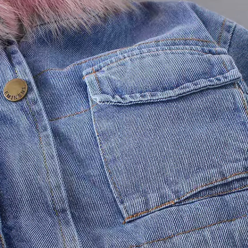 Girls Denim Winter Jacket – Faux Fur Lined Jean Coat with Pink Hood (Size 3T)