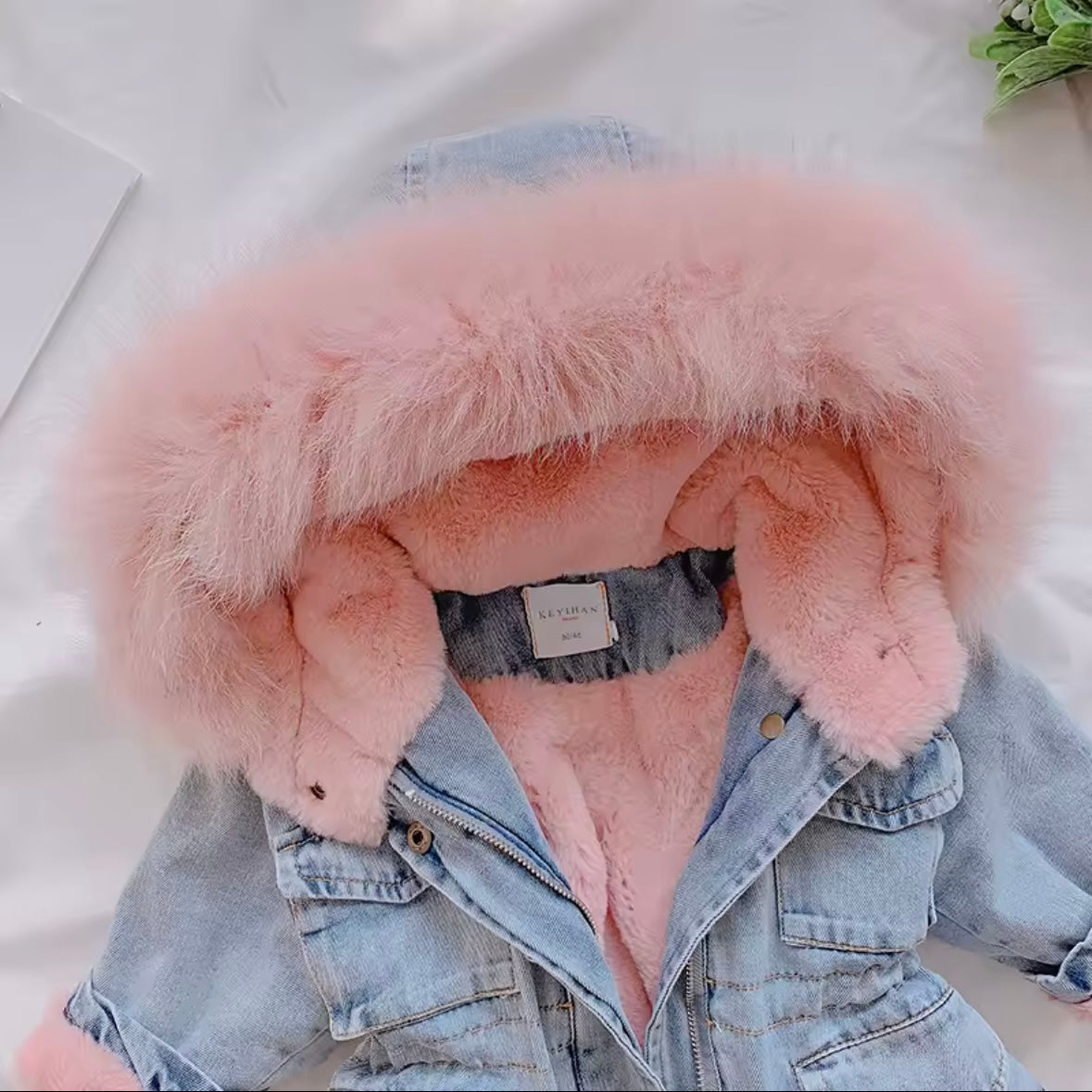 Girls Denim Winter Jacket – Faux Fur Lined Jean Coat with Pink Hood (Size 3T)
